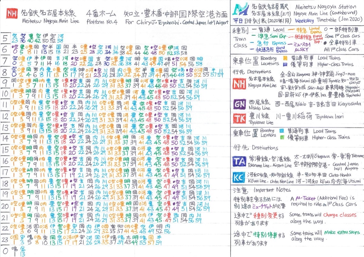 Hand-drawn Japanese train timetable